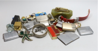 Assorted costume jewellery etc, including a silver bangle and assorted lighters.